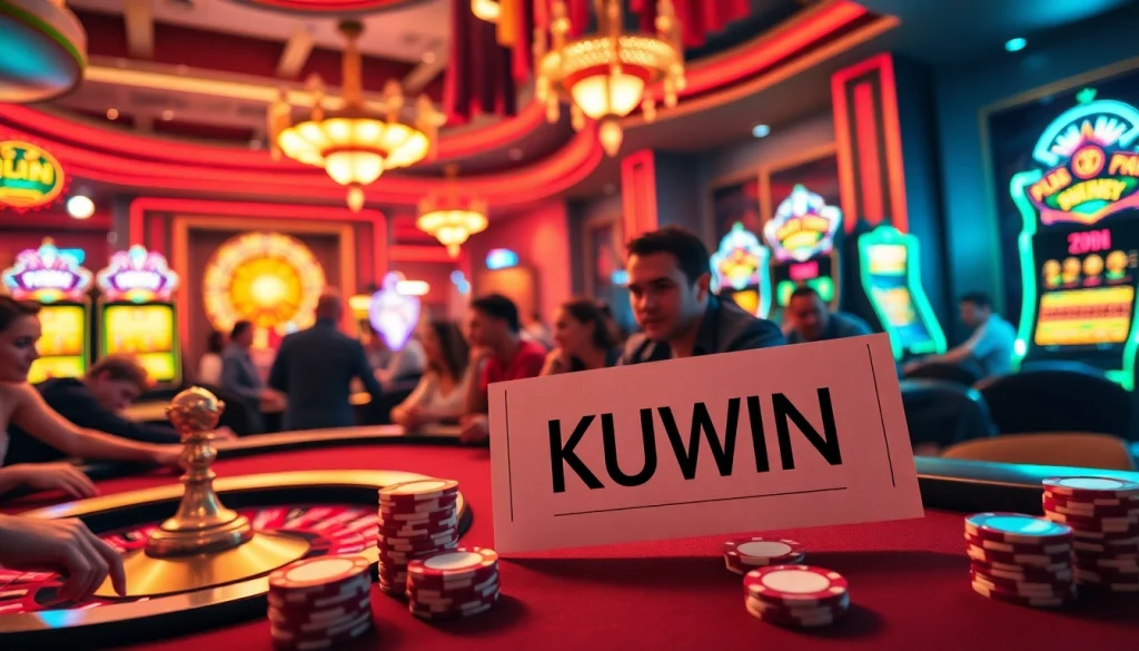 KUWIN players eagerly placing bets on thrilling poker games, surrounded by colorful casino action and excitement.