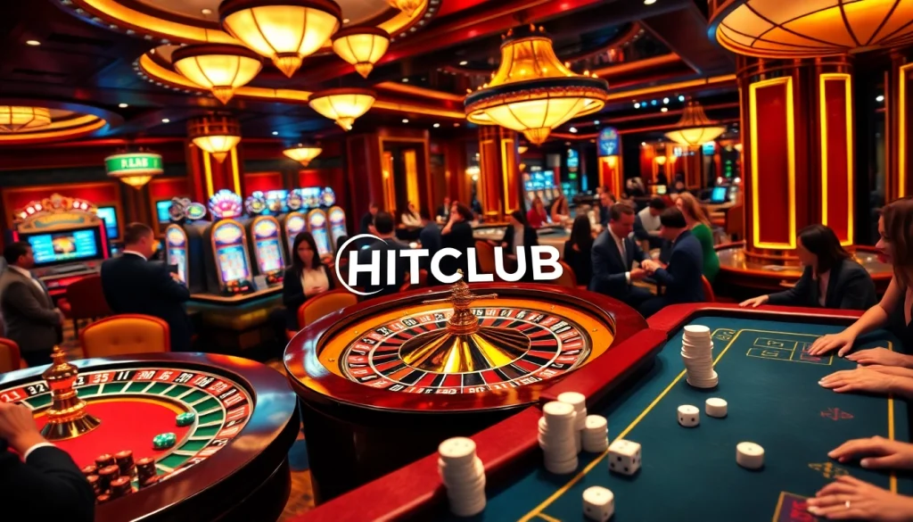 HITCLUB showcases an exciting casino scene with a vibrant roulette wheel and eager players.