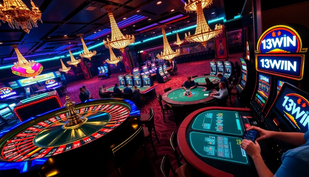 13WIN shines at a casino as players thrill at roulette and poker tables, showcasing lively gambling activities.
